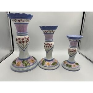 Vintage Capriware Hand Painted Floral Ceramic Candle Holder Set Of 3 11, 9, 7"